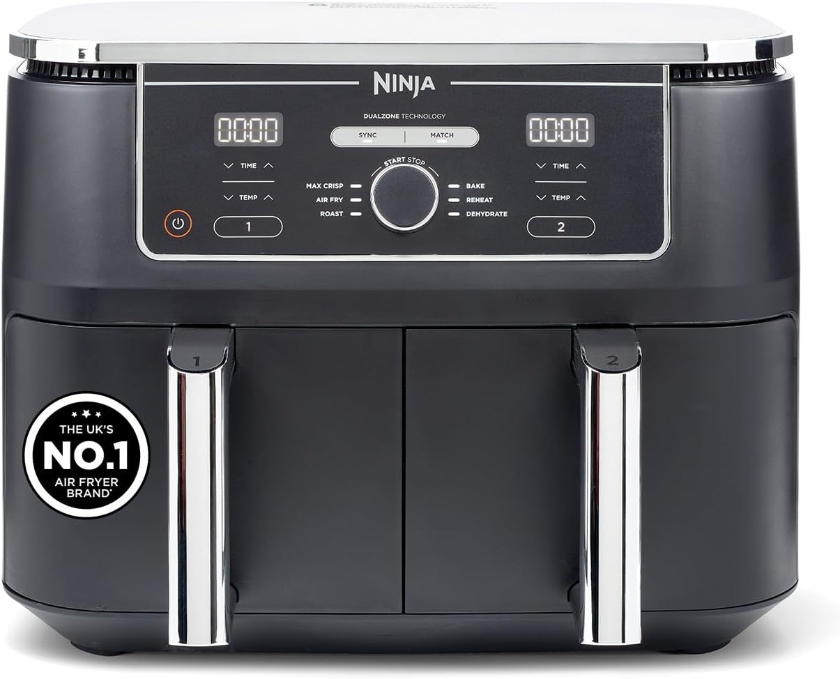Ninja Foodi MAX Dual Zone Digital AirFryer, 2 Drawers, 9.5L, 6-in-1, Uses No Oil, Air Fry, Max Crisp, Roast, Bake, Reheat, Dehydrate, Cook 8 Portions, Non-Stick Dishwasher Safe Baskets, Black AF400UK  and Others Categories