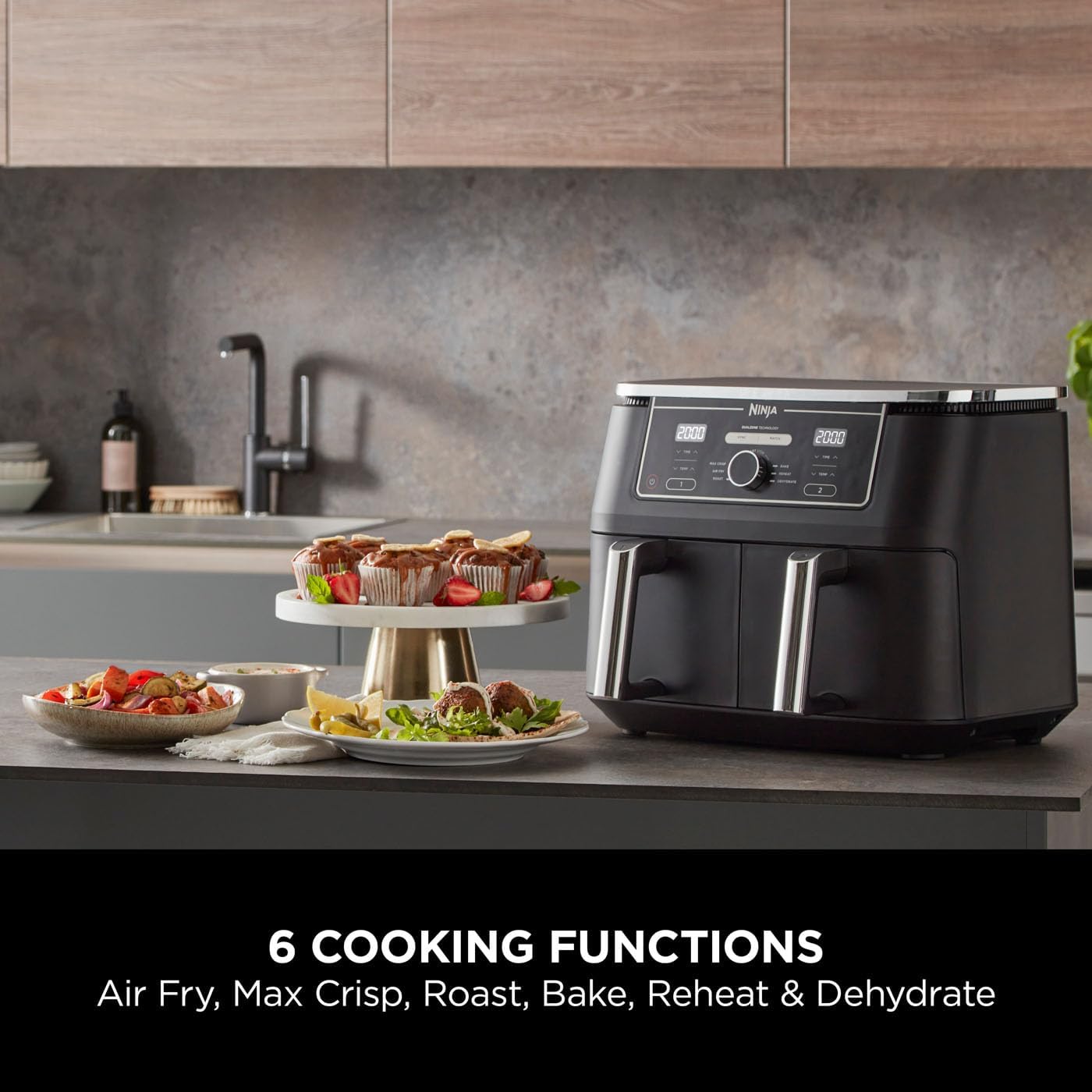 Ninja Foodi MAX Dual Zone Digital AirFryer, 2 Drawers, 9.5L, 6-in-1, Uses No Oil, Air Fry, Max Crisp, Roast, Bake, Reheat, Dehydrate, Cook 8 Portions, Non-Stick Dishwasher Safe Baskets, Black AF400UK  and Others Categories