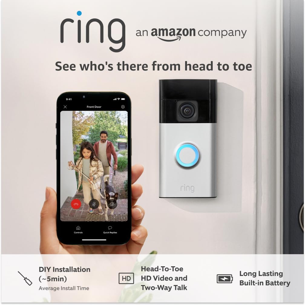 Ring Battery Video Doorbell | DIY Wireless Video Doorbell Camera with Head-To-Toe View, HD Video | Easy to install (5 min) | With Built-in Battery I 30-day free trial of Ring Subscription Plan and Others Categories