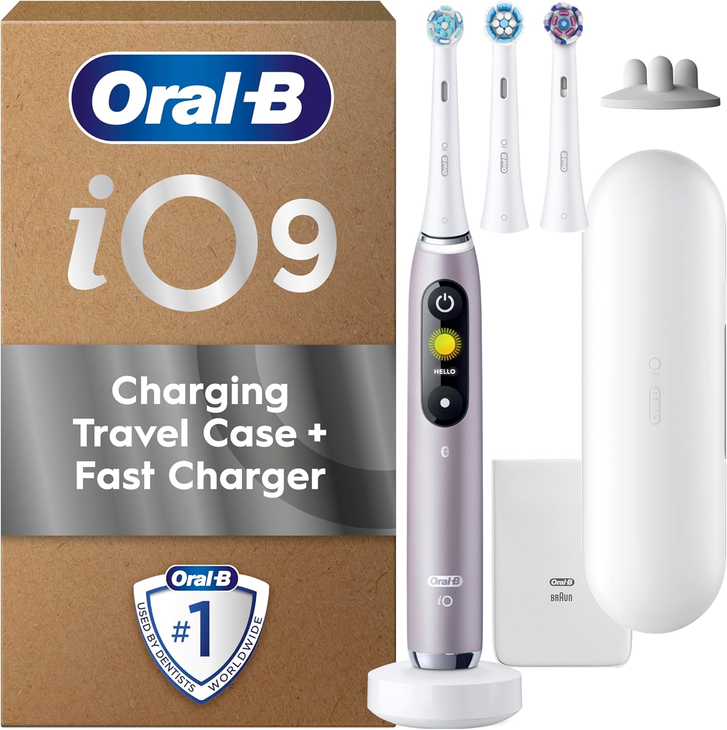 Oral-B iO9 Electric Toothbrushes For Adults, App Connected Handle, 3 Toothbrush Heads, Charging Travel Case and Toothbrush Head Holder, 7 Modes, 2 Pin Plug, Rose and Others Categories