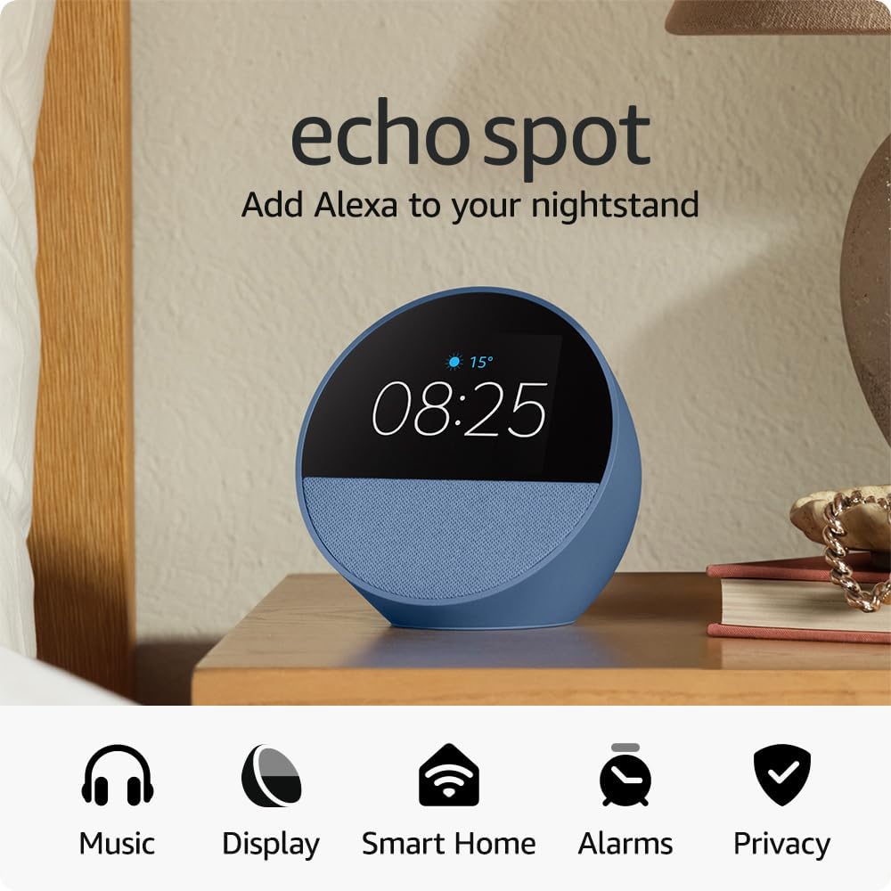 Echo Spot (newest gen), Smart alarm clock with vibrant sound + Alexa, Ocean Blue and Others Categories