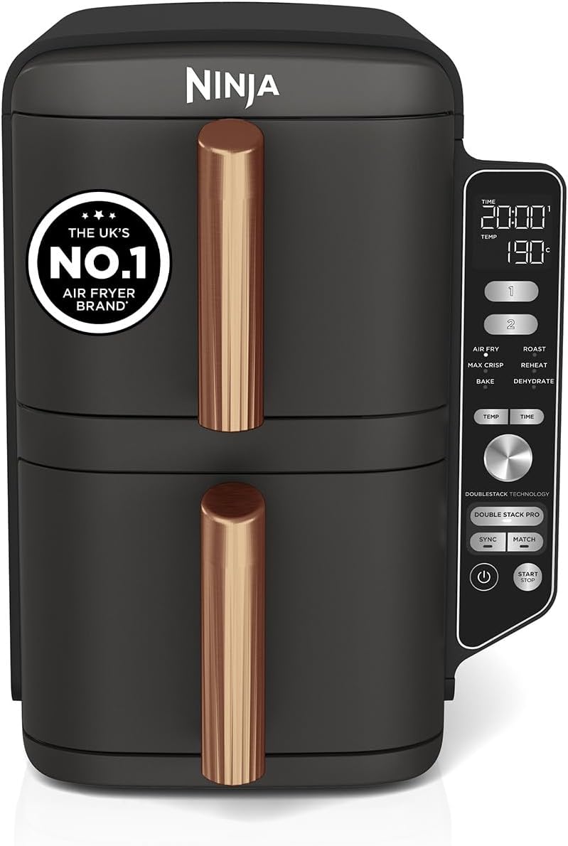 Ninja Double Stack XL Air Fryer, Vertical Dual Drawer Air Fryer with 4 cooking levels, 2 Drawers & 2 Racks, Space Saving Design, 9.5L Capacity, 6 Functions, 8 Portions, Tongs, Black/Copper SL400UKCP and Others Categories