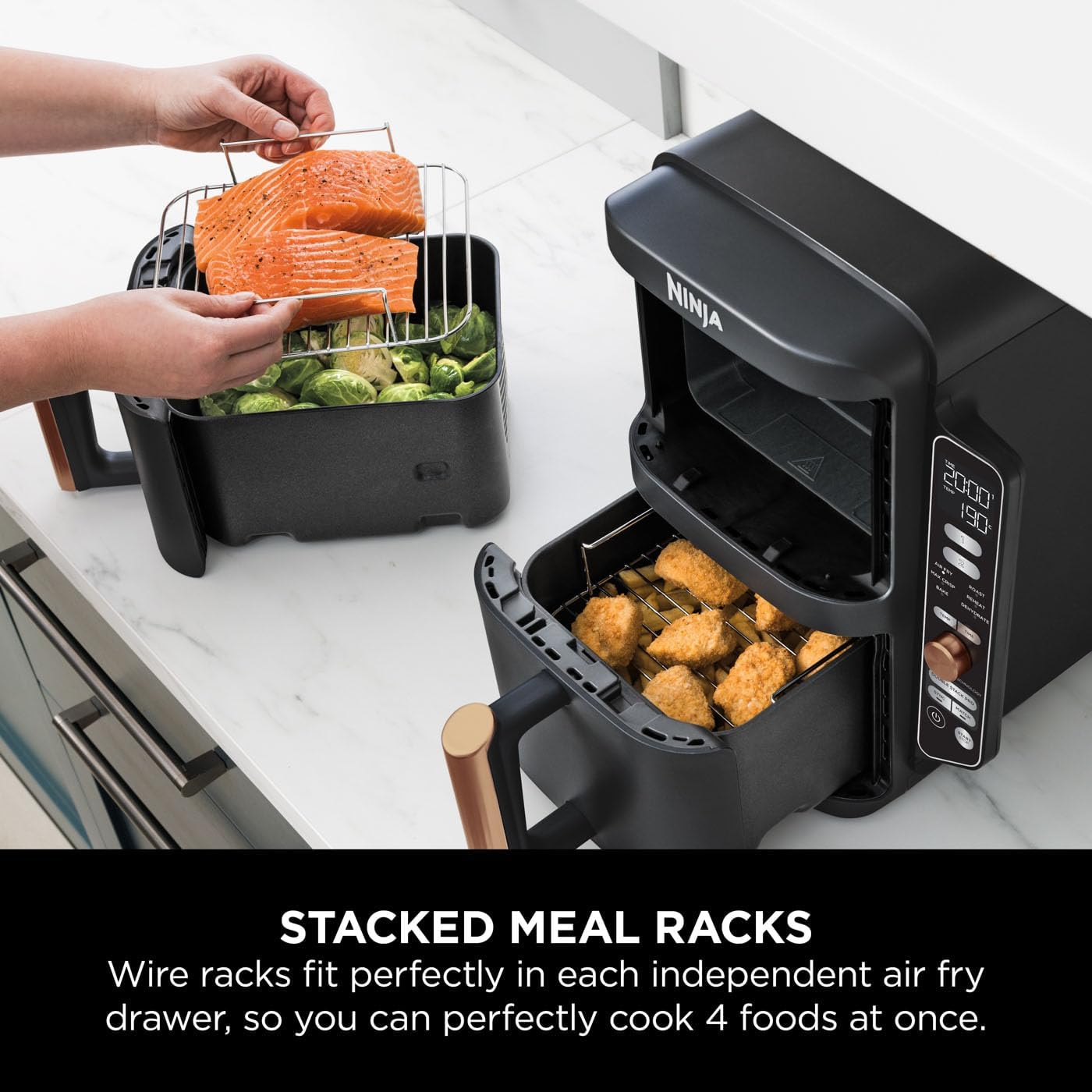 Ninja Double Stack XL Air Fryer, Vertical Dual Drawer Air Fryer with 4 cooking levels, 2 Drawers & 2 Racks, Space Saving Design, 9.5L Capacity, 6 Functions, 8 Portions, Tongs, Black/Copper SL400UKCP and Others Categories