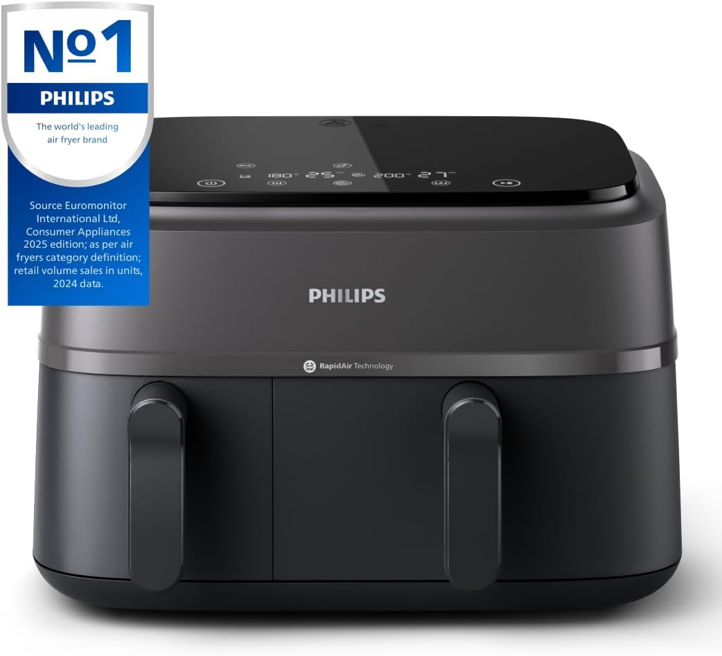 Philips Airfryer 3000 Series Dual Basket - 2 Drawer Air Fryer, 3L + 6L Capacity, RapidAir Plus Technology, 13 Ways to Cook, 90% Less Fat, Easy to Clean, Digital Touchscreen, Energy Saving (NA350/00) and Others Categories