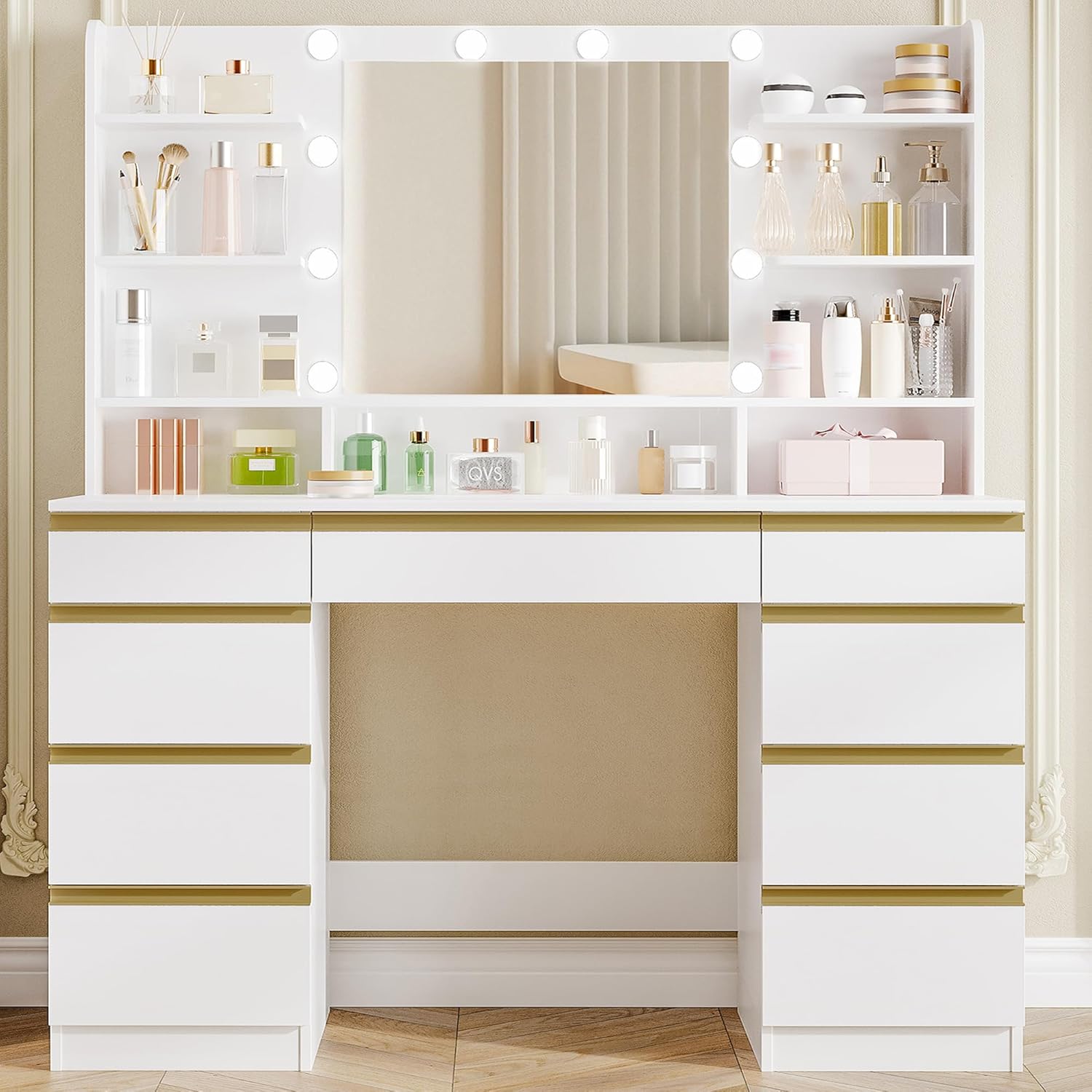 Hzuaneri Dressing Table with Bulb Light, Vanity Desk with 1 Large Drawer and 8 Small Drawer Cabinets, Adjustable Brightness, Large HD Mirror, 9 Open Storage Areas, White DT35703X and Others Categories