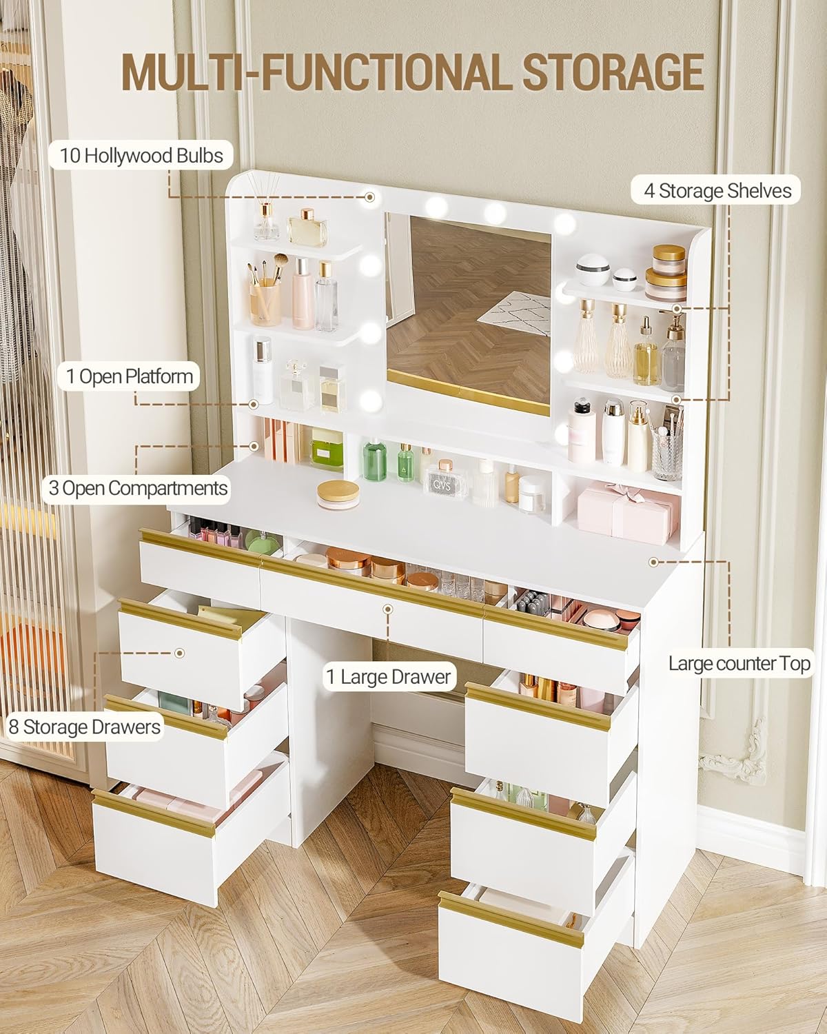Hzuaneri Dressing Table with Bulb Light, Vanity Desk with 1 Large Drawer and 8 Small Drawer Cabinets, Adjustable Brightness, Large HD Mirror, 9 Open Storage Areas, White DT35703X and Others Categories